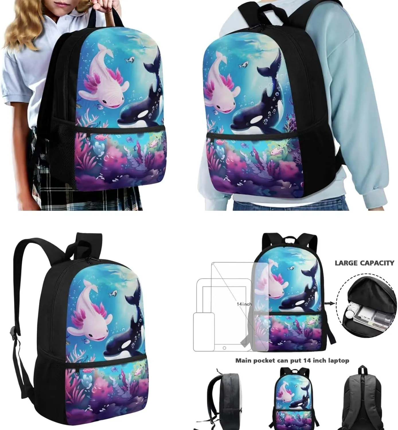 Axolotl Killer Whale Backpack with Lunch Box Cute School Backpacks for Girls 8-7 10-12 and Lunchbox 17 Inch Large Capacity Primary School Bag Lunch Bag Pencil Case, 3-in-1
