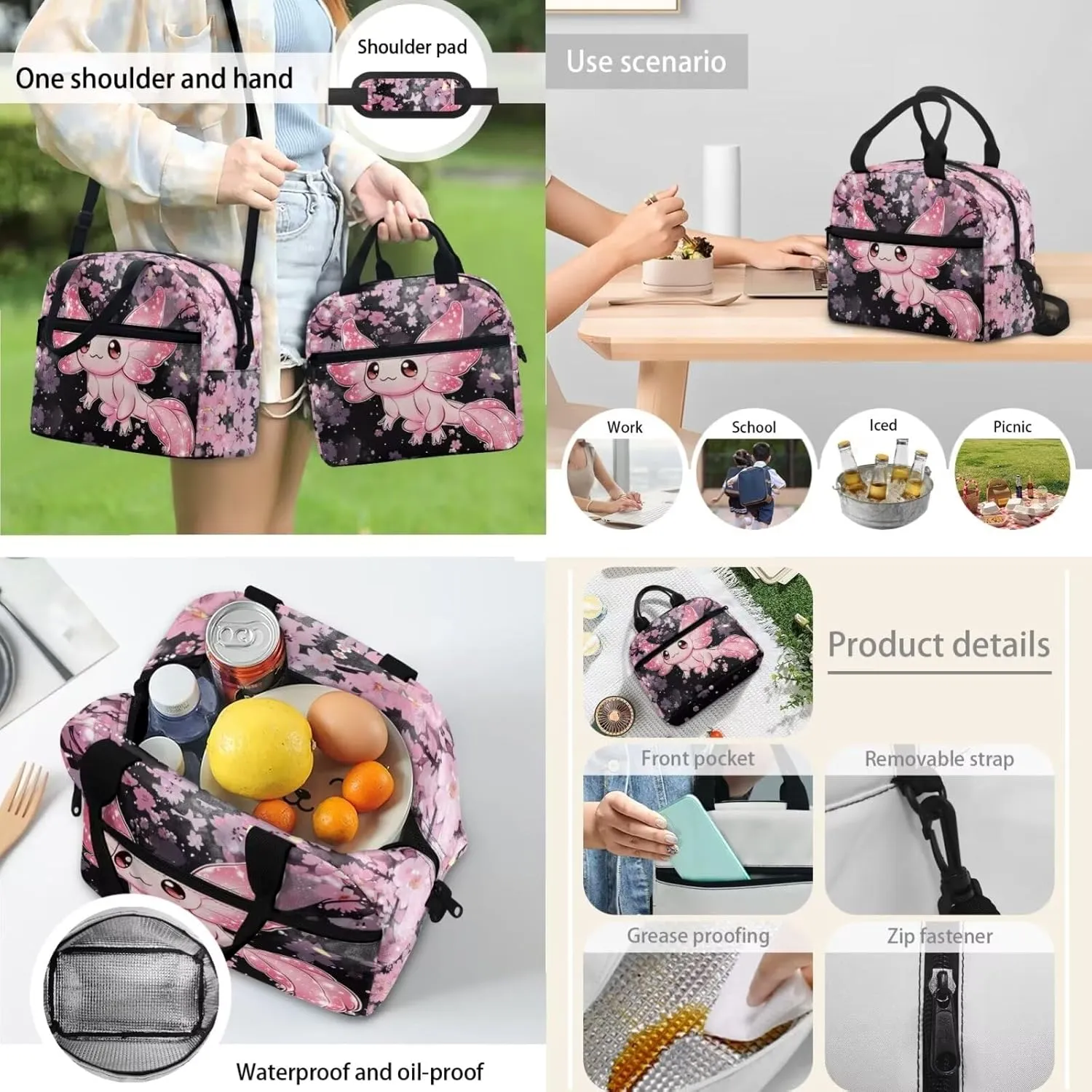 Axolotl Print Backpack with Lunch Box for Girls Large Capacity Portable Teen Backpacks for Girl Waterproof Leakproof Lunch Bag Kids and Book Case for School