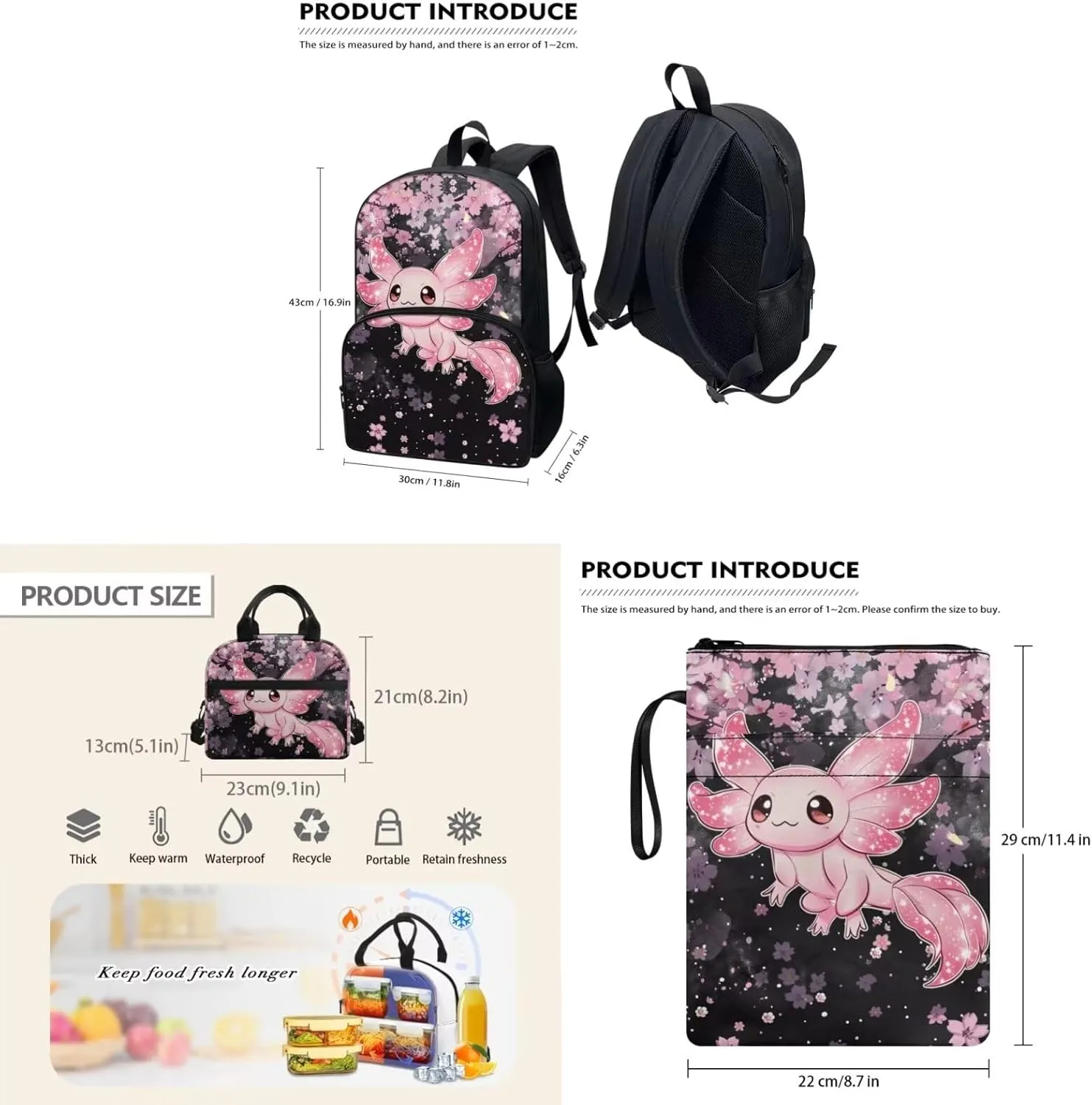 Axolotl Print Backpack with Lunch Box for Girls Large Capacity Portable Teen Backpacks for Girl Waterproof Leakproof Lunch Bag Kids and Book Case for School