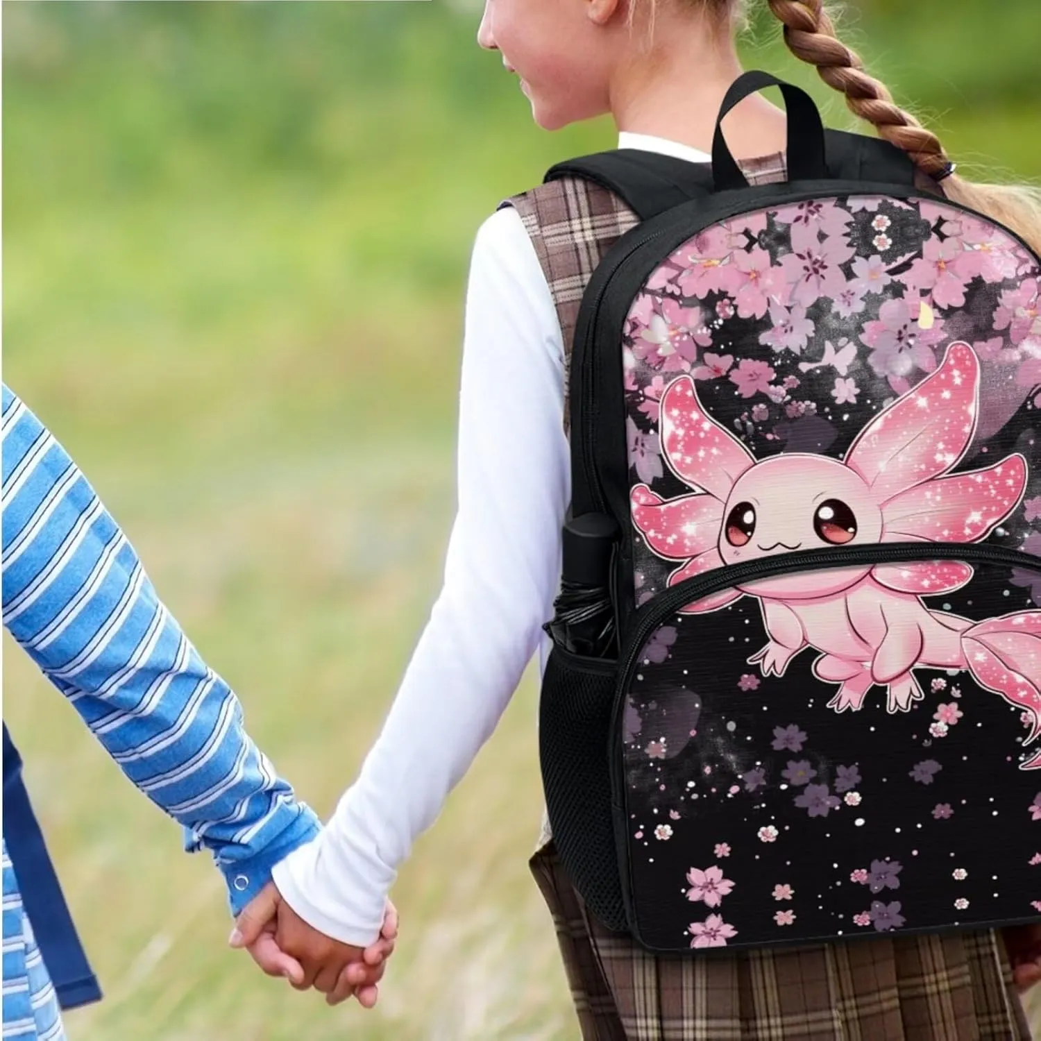 Axolotl Print Backpack with Lunch Box for Girls Large Capacity Portable Teen Backpacks for Girl Waterproof Leakproof Lunch Bag Kids and Book Case for School