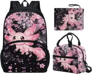 Axolotl Print Backpack with Lunch Box for Girls Large Capacity Portable Teen Backpacks for Girl Waterproof Leakproof Lunch Bag Kids and Book Case for School
