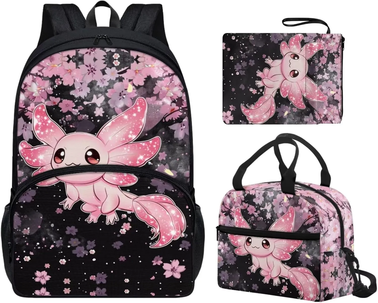 Axolotl Print Backpack with Lunch Box for Girls Large Capacity Portable Teen Backpacks for Girl Waterproof Leakproof Lunch Bag Kids and Book Case for School