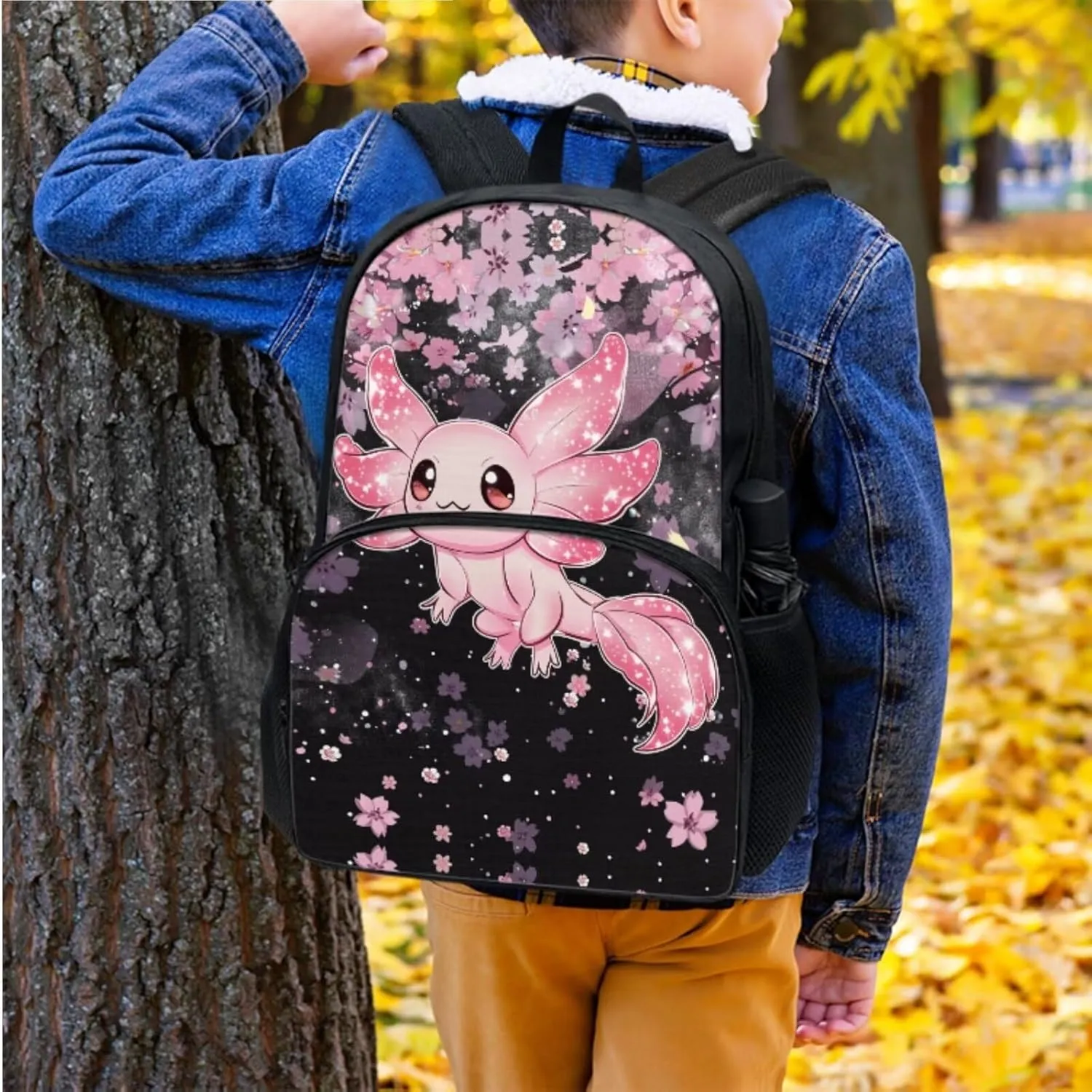 Axolotl Print Backpack with Lunch Box for Girls Large Capacity Portable Teen Backpacks for Girl Waterproof Leakproof Lunch Bag Kids and Book Case for School