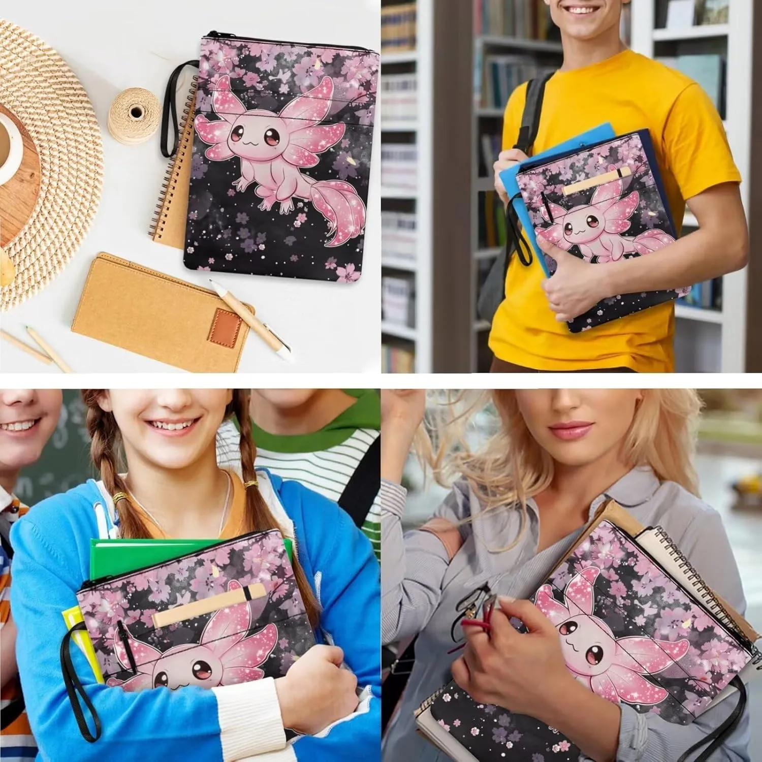 Axolotl Print Backpack with Lunch Box for Girls Large Capacity Portable Teen Backpacks for Girl Waterproof Leakproof Lunch Bag Kids and Book Case for School