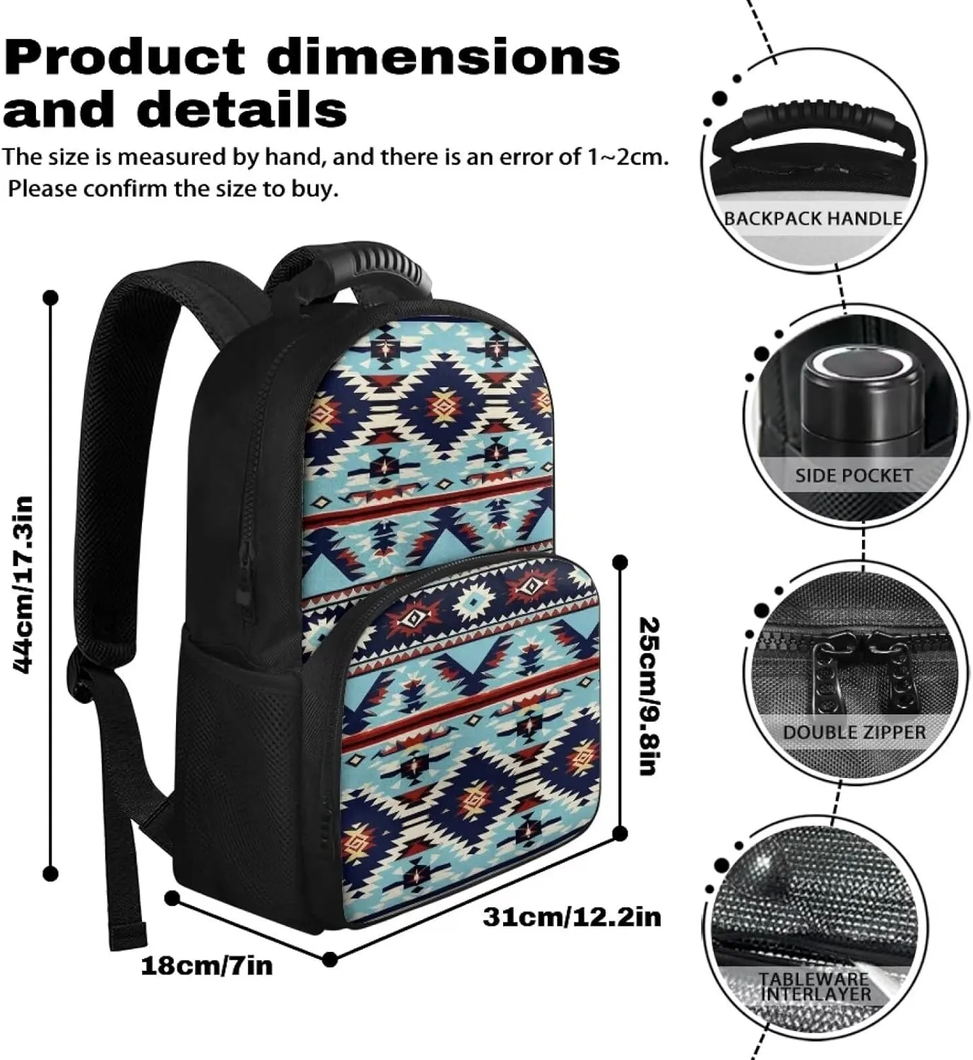 Aztec Boho Lunch Backpack for Women Insulated Lunch Cooler Bag Lightweight Work Backpack With Lunch Compartment Laptop Bag College School Bookbag 17inch Daypack Picnic Beach Hiking Office