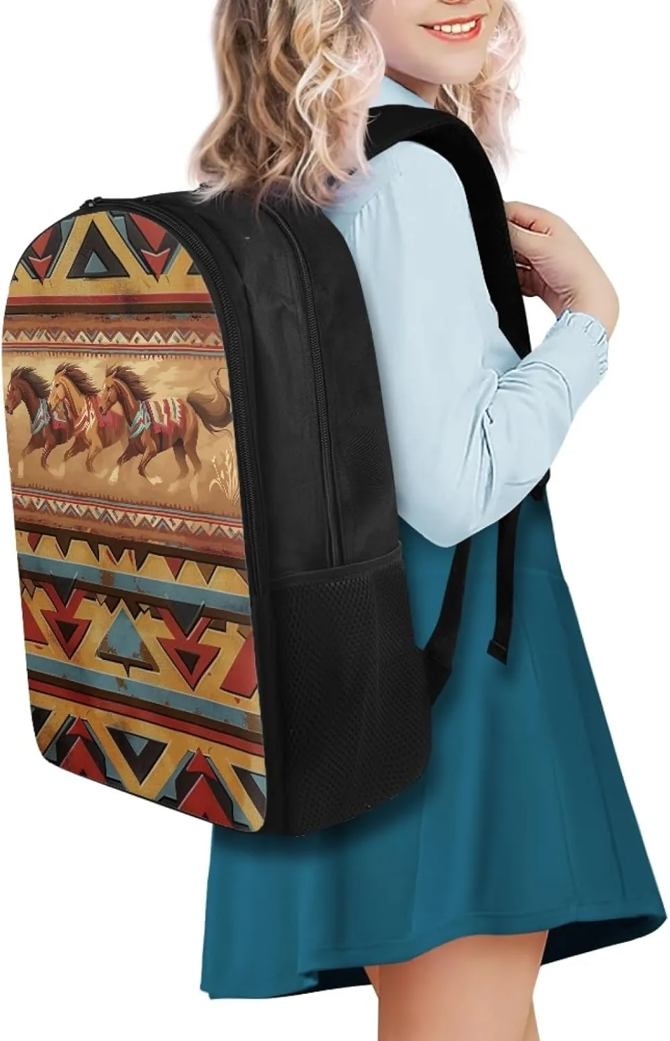 Aztec Western Horse Kids School Bag for Boys Girls Cool Backpack with Double Compartment Book Bag for School Children Multifunctional Bookbag Daypack for Travelling Camping