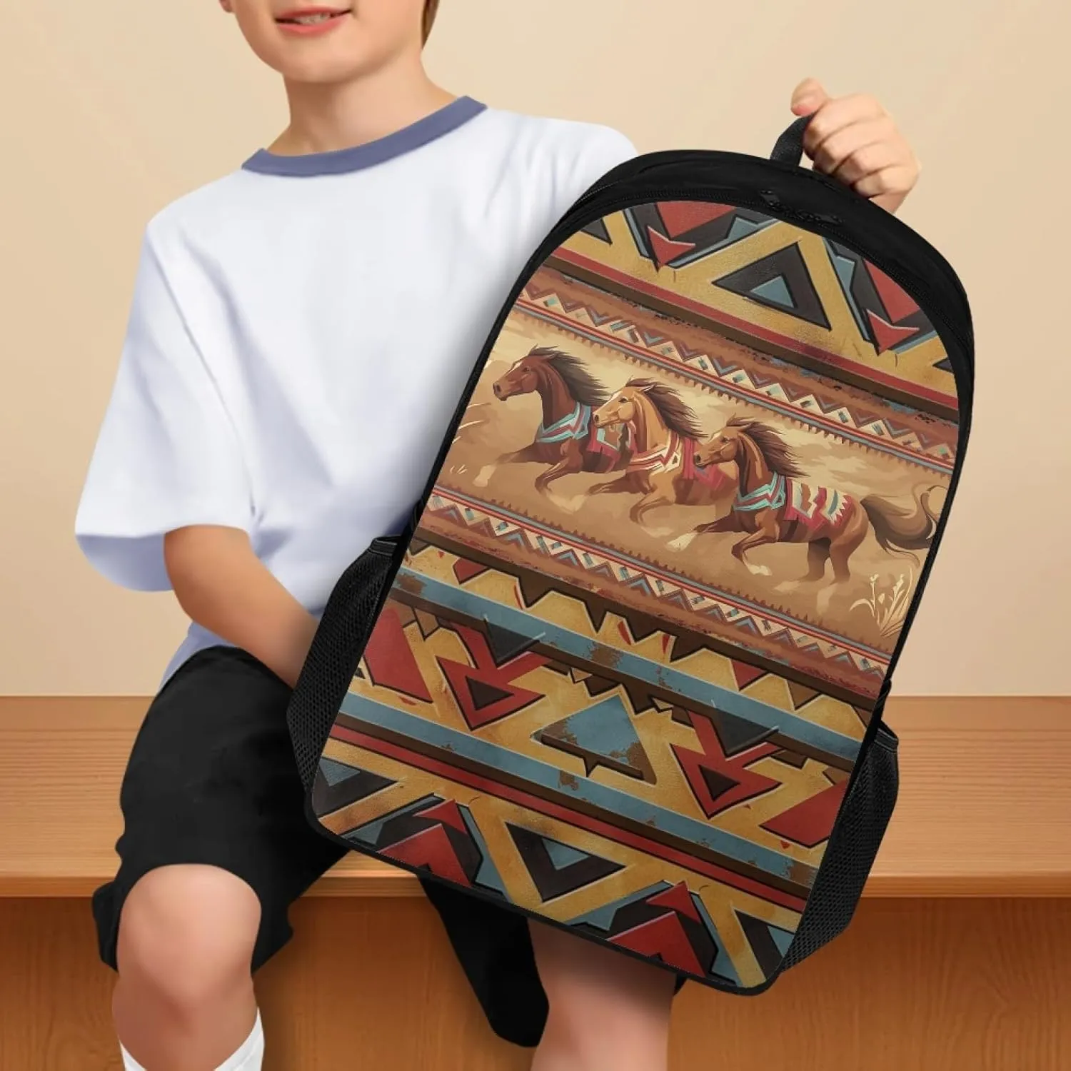 Aztec Western Horse Kids School Bag for Boys Girls Cool Backpack with Double Compartment Book Bag for School Children Multifunctional Bookbag Daypack for Travelling Camping