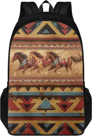 Aztec Western Horse Kids School Bag for Boys Girls Cool Backpack with Double Compartment Book Bag for School Children Multifunctional Bookbag Daypack for Travelling Camping