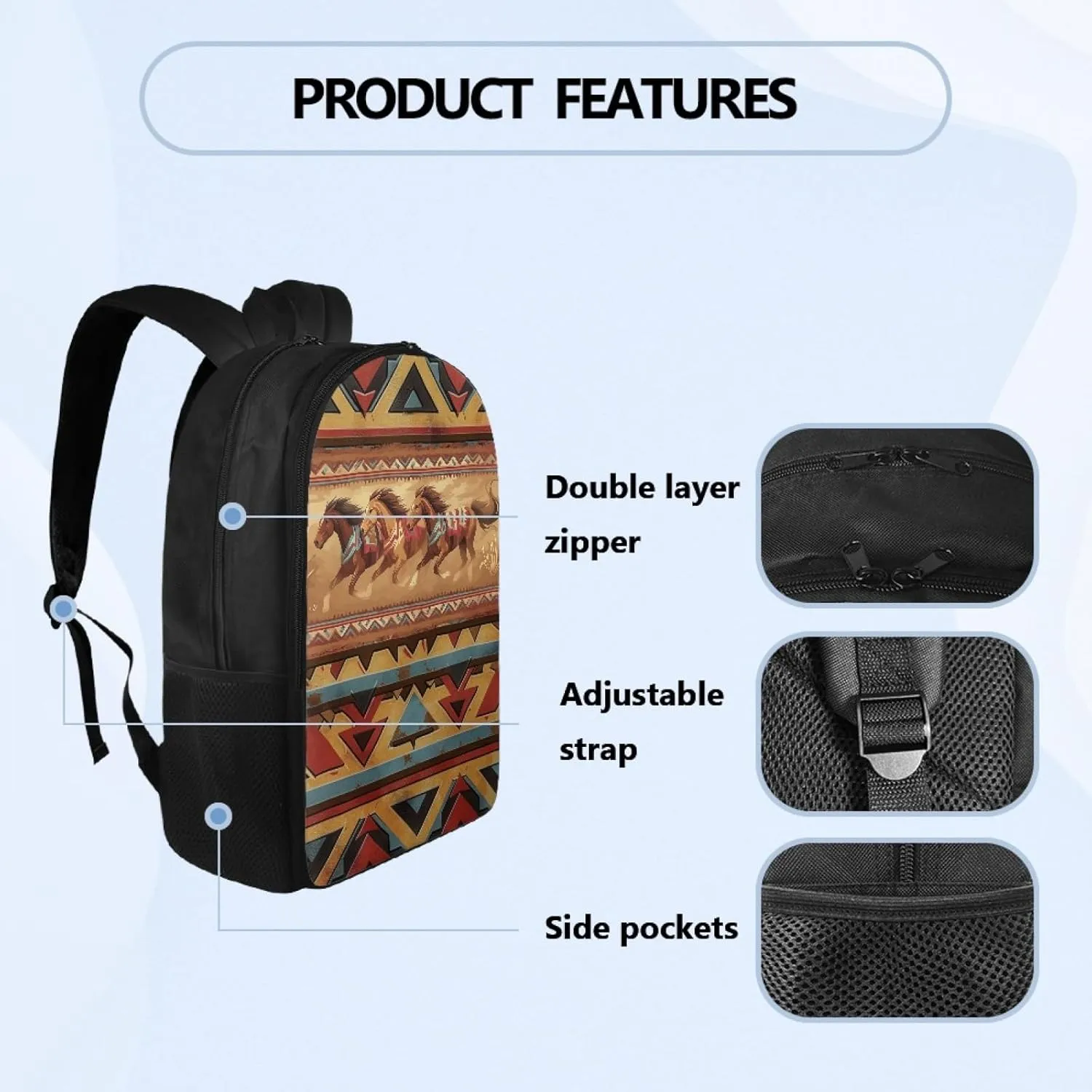 Aztec Western Horse Kids School Bag for Boys Girls Cool Backpack with Double Compartment Book Bag for School Children Multifunctional Bookbag Daypack for Travelling Camping
