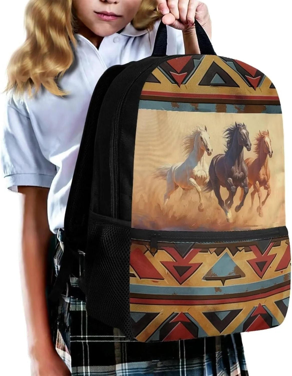 Aztec Westren Horse School Backpack for Boys Girls Bookbags Kids Casual School Bags Elementary Brown Book Bags for Child and Niñas Daypack for Back to School Gifts