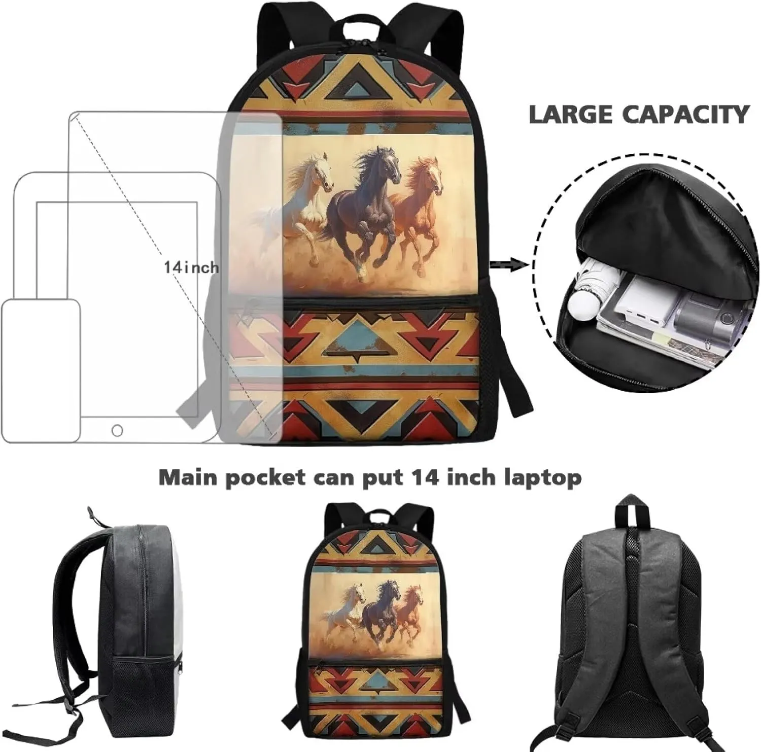 Aztec Westren Horse School Backpack for Boys Girls Bookbags Kids Casual School Bags Elementary Brown Book Bags for Child and Niñas Daypack for Back to School Gifts