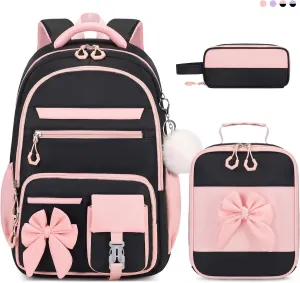 Backpack for Girls, 3PCS Girls Backpack for School with Lunch Bag Pencil Case, Cute Kids Bookbag Teens Backpack for Kindergarten Elementary Preschool Middle School (Black-Pink)