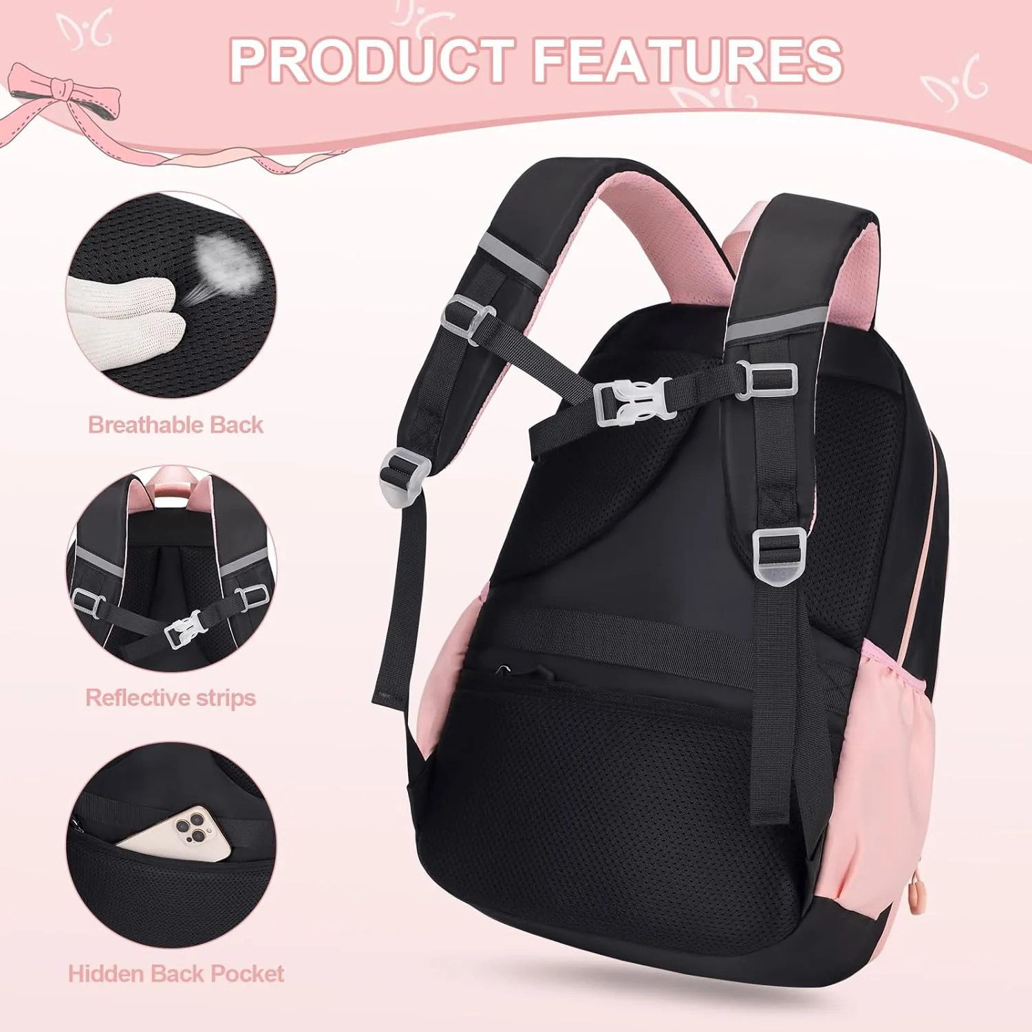 Backpack for Girls, 3PCS Girls Backpack for School with Lunch Bag Pencil Case, Cute Kids Bookbag Teens Backpack for Kindergarten Elementary Preschool Middle School (Black-Pink)