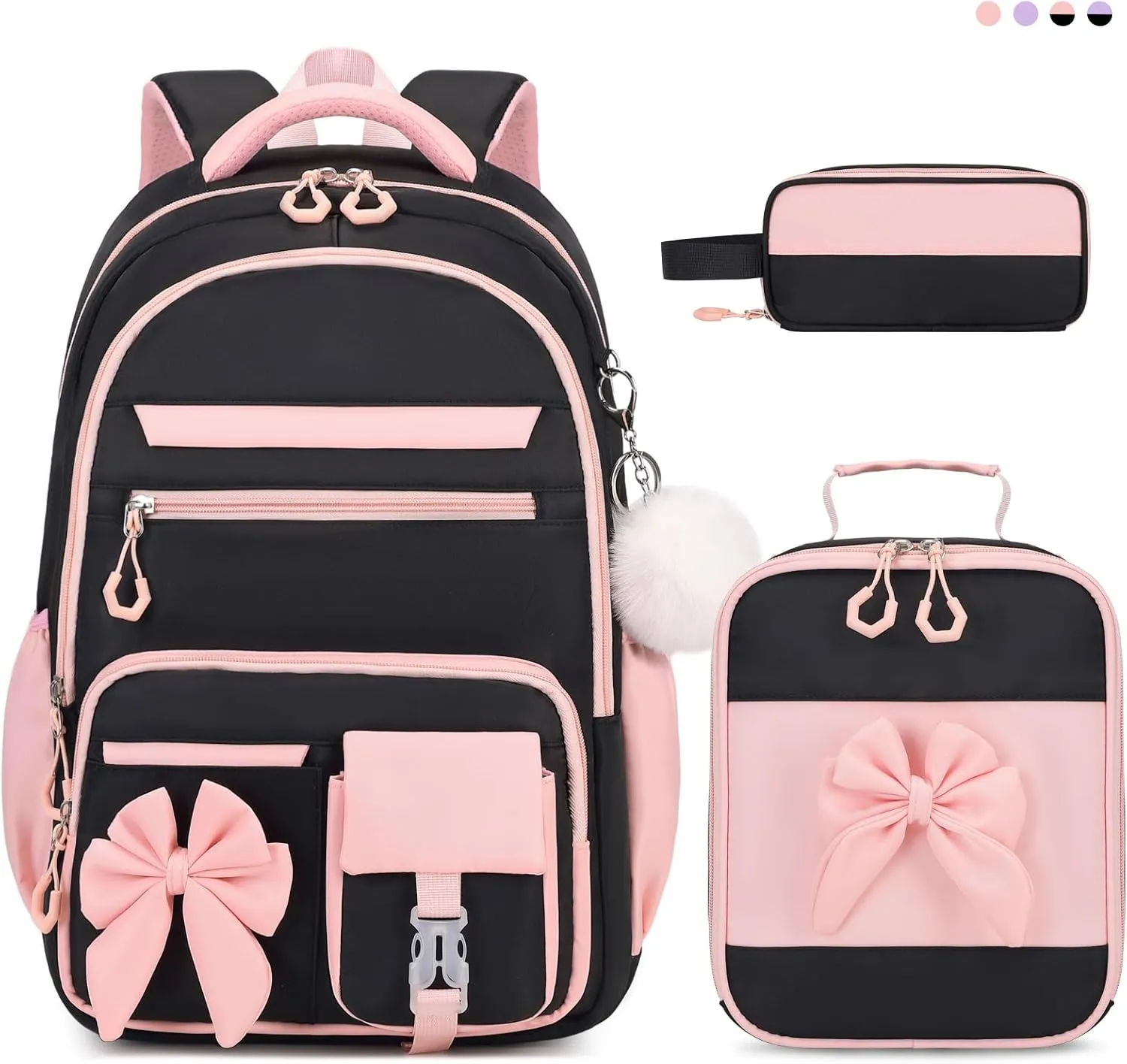 Backpack for Girls, 3PCS Girls Backpack for School with Lunch Bag Pencil Case, Cute Kids Bookbag Teens Backpack for Kindergarten Elementary Preschool Middle School (Black-Pink)