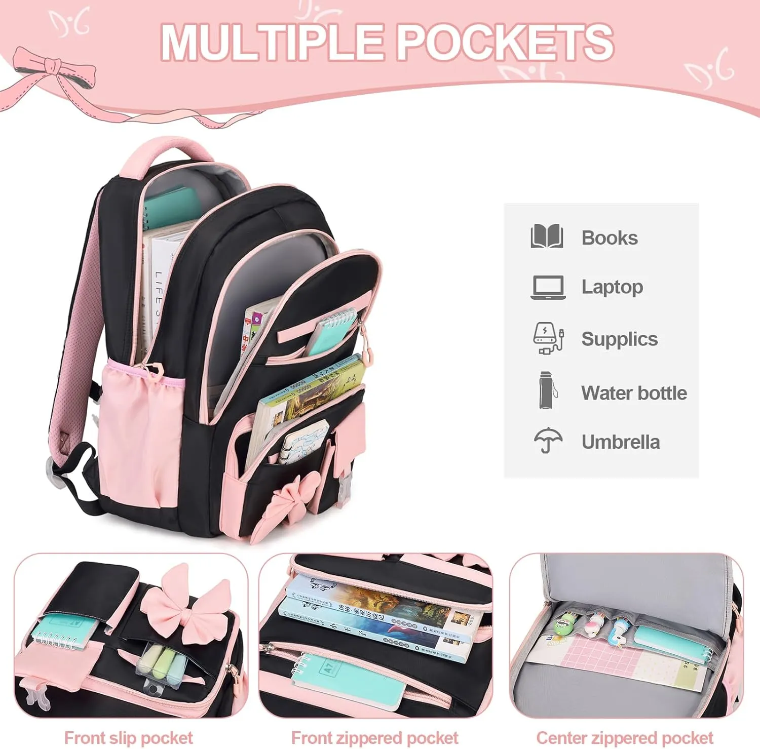 Backpack for Girls, 3PCS Girls Backpack for School with Lunch Bag Pencil Case, Cute Kids Bookbag Teens Backpack for Kindergarten Elementary Preschool Middle School (Black-Pink)