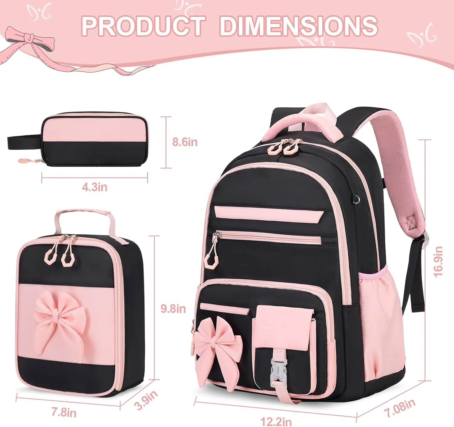 Backpack for Girls, 3PCS Girls Backpack for School with Lunch Bag Pencil Case, Cute Kids Bookbag Teens Backpack for Kindergarten Elementary Preschool Middle School (Black-Pink)