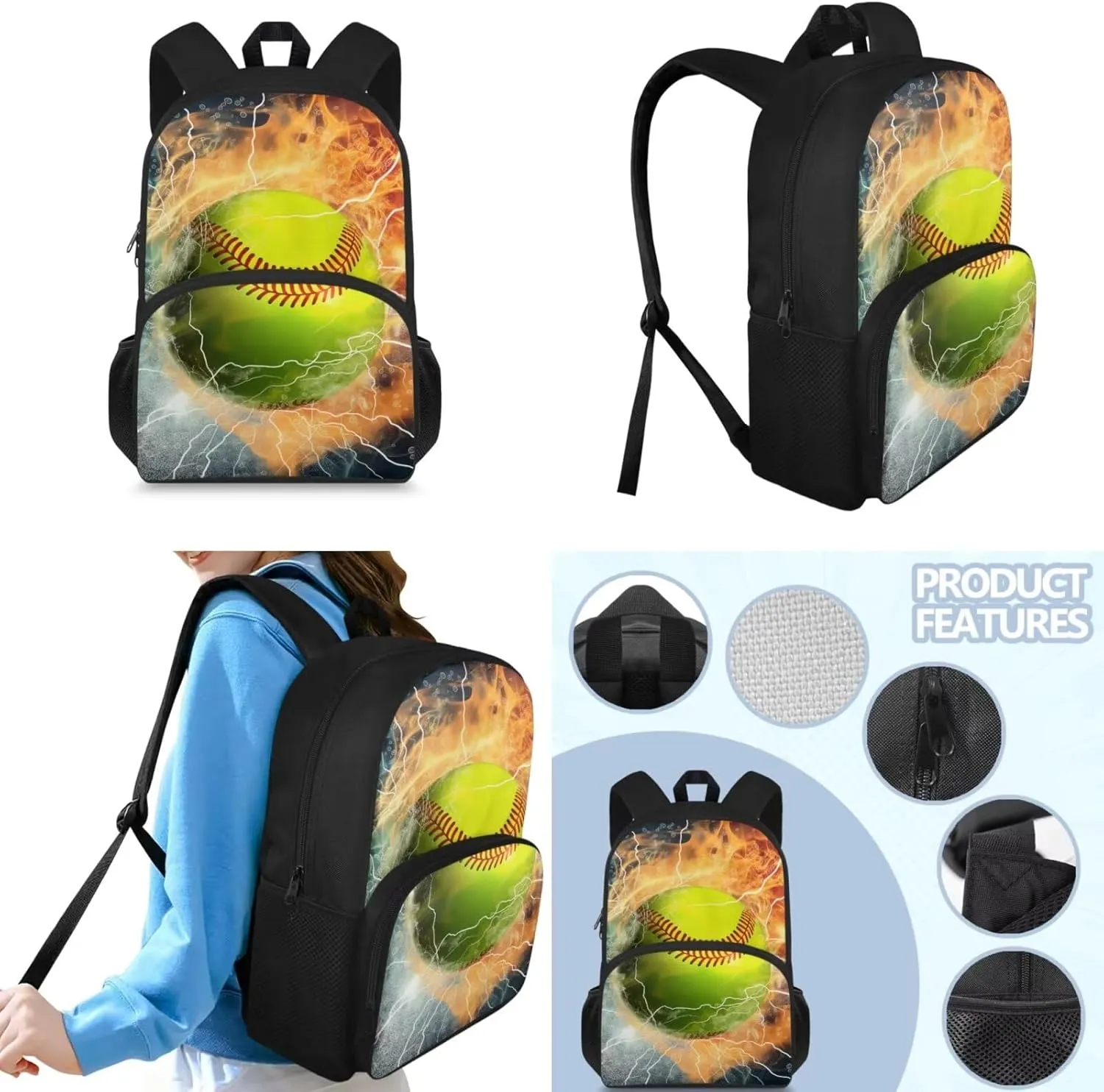 Baseball Backpack for Boys 8-12/12-14/6-8 with Lunch Box Fire Lightning Middle School Bag and Lunch Bag Pencil Case Kids Bookbag for Girls 15 Inch Elementary Schoolbag Lunchbox Book Bags Set