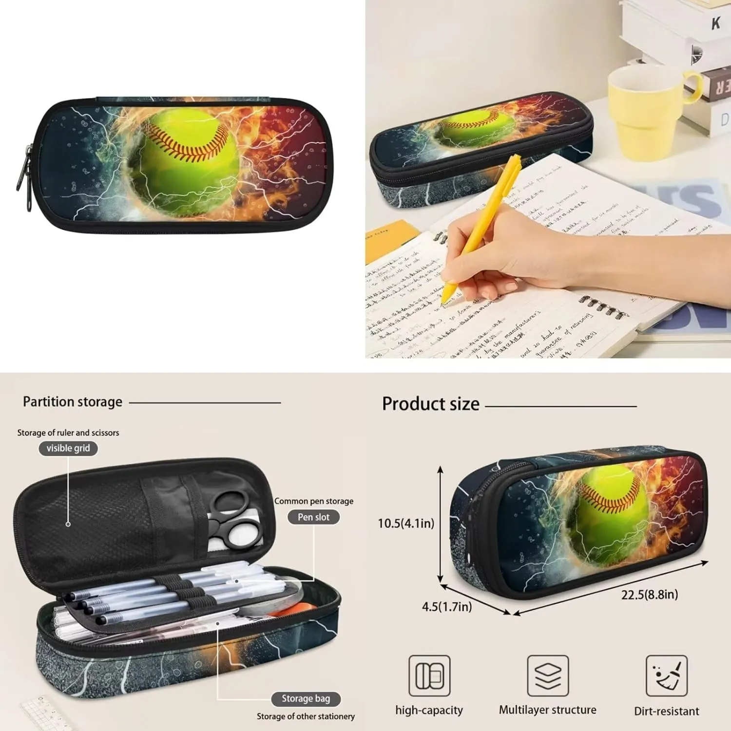 Baseball Backpack for Boys 8-12/12-14/6-8 with Lunch Box Fire Lightning Middle School Bag and Lunch Bag Pencil Case Kids Bookbag for Girls 15 Inch Elementary Schoolbag Lunchbox Book Bags Set
