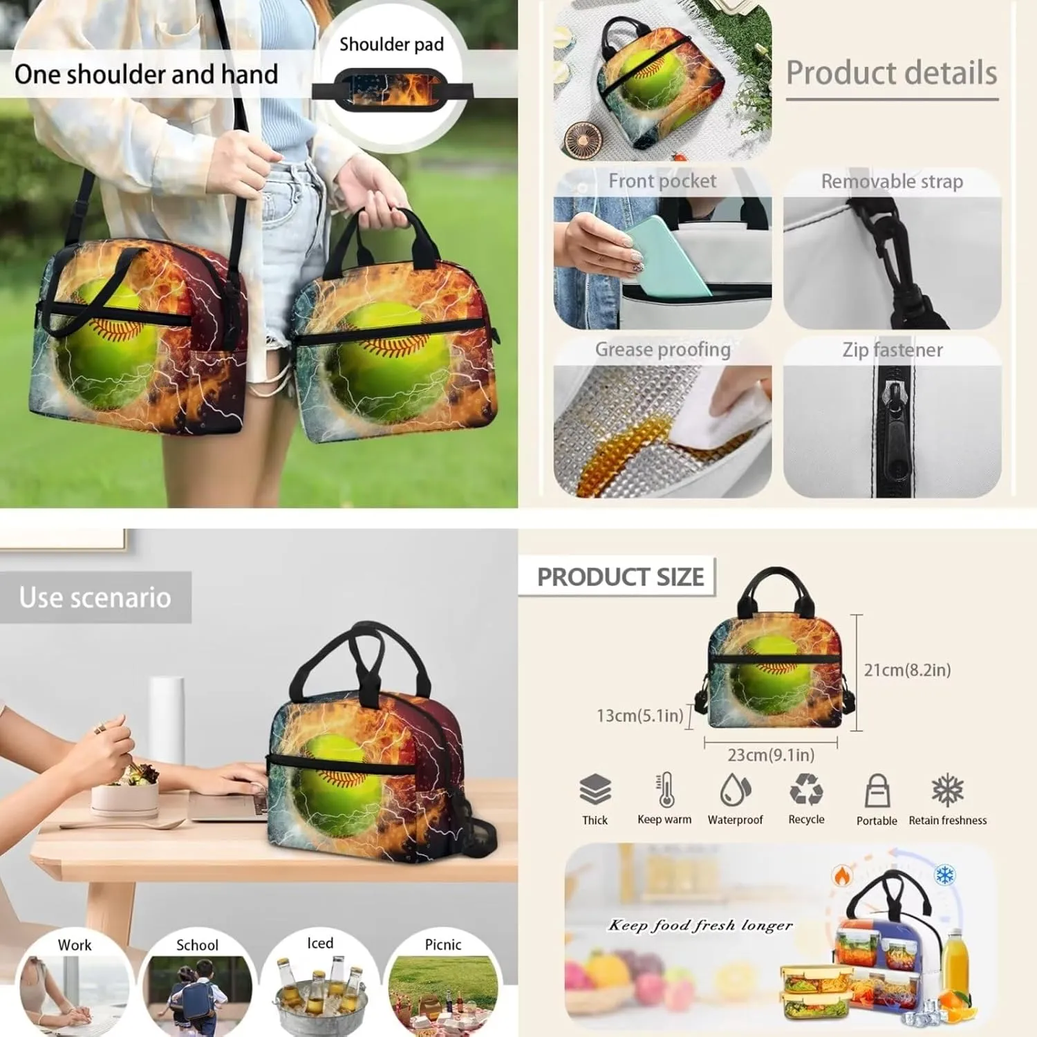 Baseball Backpack for Boys 8-12/12-14/6-8 with Lunch Box Fire Lightning Middle School Bag and Lunch Bag Pencil Case Kids Bookbag for Girls 15 Inch Elementary Schoolbag Lunchbox Book Bags Set