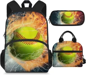 Baseball Backpack for Boys 8-12/12-14/6-8 with Lunch Box Fire Lightning Middle School Bag and Lunch Bag Pencil Case Kids Bookbag for Girls 15 Inch Elementary Schoolbag Lunchbox Book Bags Set