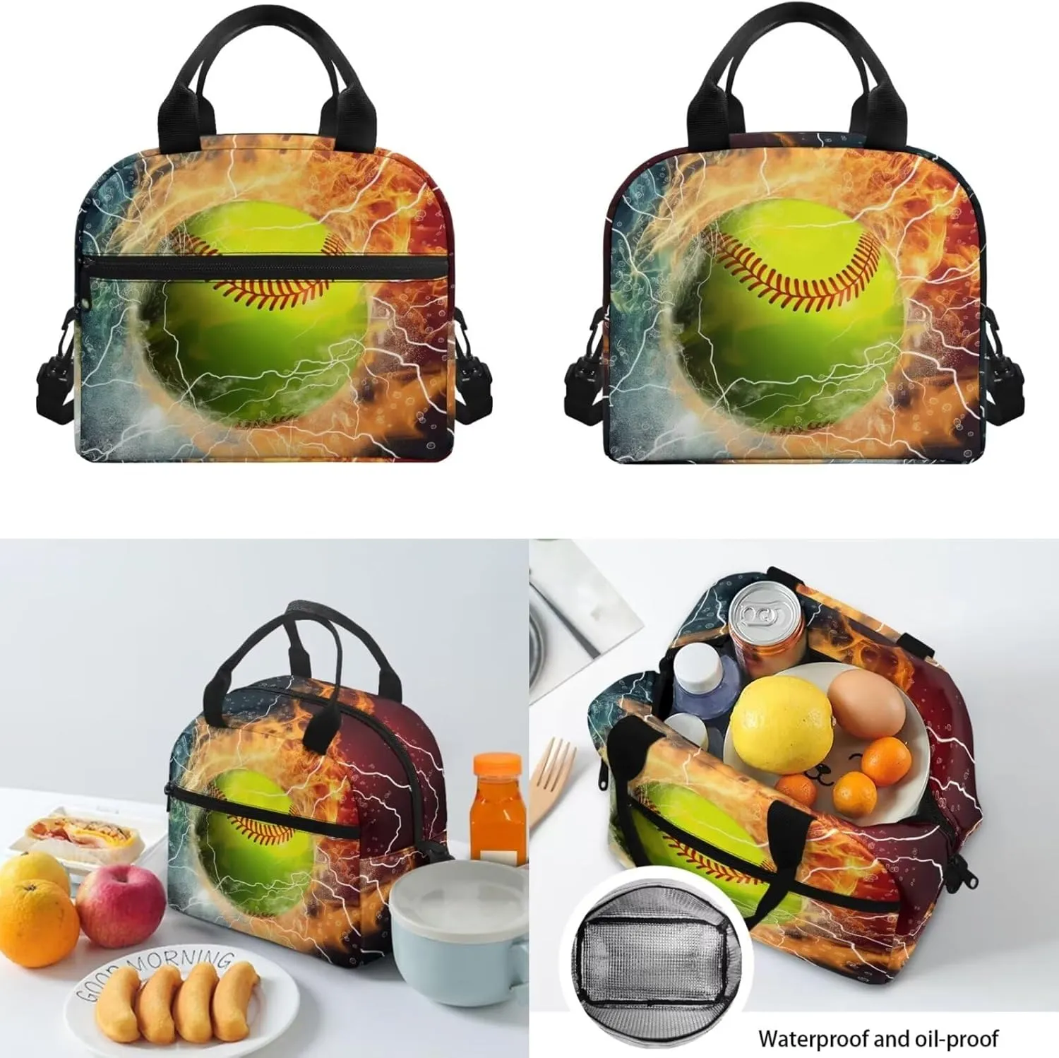 Baseball Backpack for Boys 8-12/12-14/6-8 with Lunch Box Fire Lightning Middle School Bag and Lunch Bag Pencil Case Kids Bookbag for Girls 15 Inch Elementary Schoolbag Lunchbox Book Bags Set