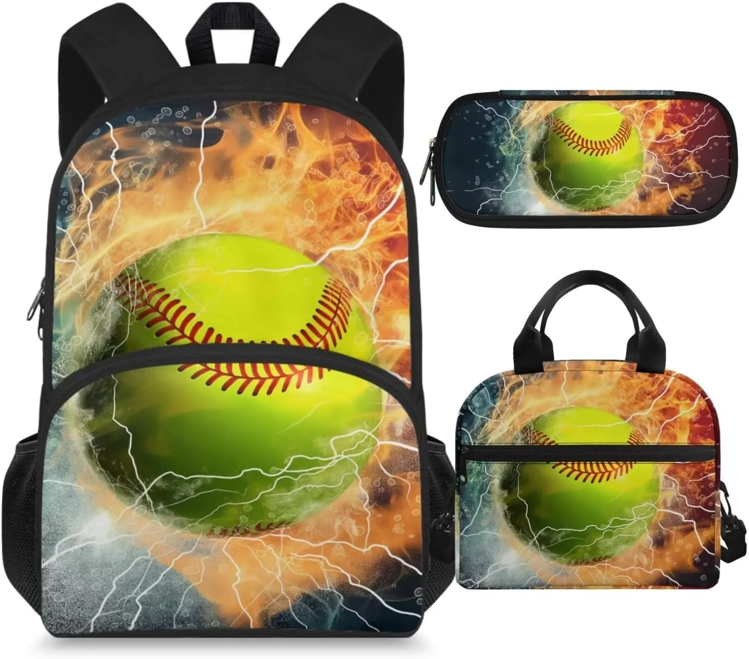 Baseball Backpack for Boys 8-12/12-14/6-8 with Lunch Box Fire Lightning Middle School Bag and Lunch Bag Pencil Case Kids Bookbag for Girls 15 Inch Elementary Schoolbag Lunchbox Book Bags Set