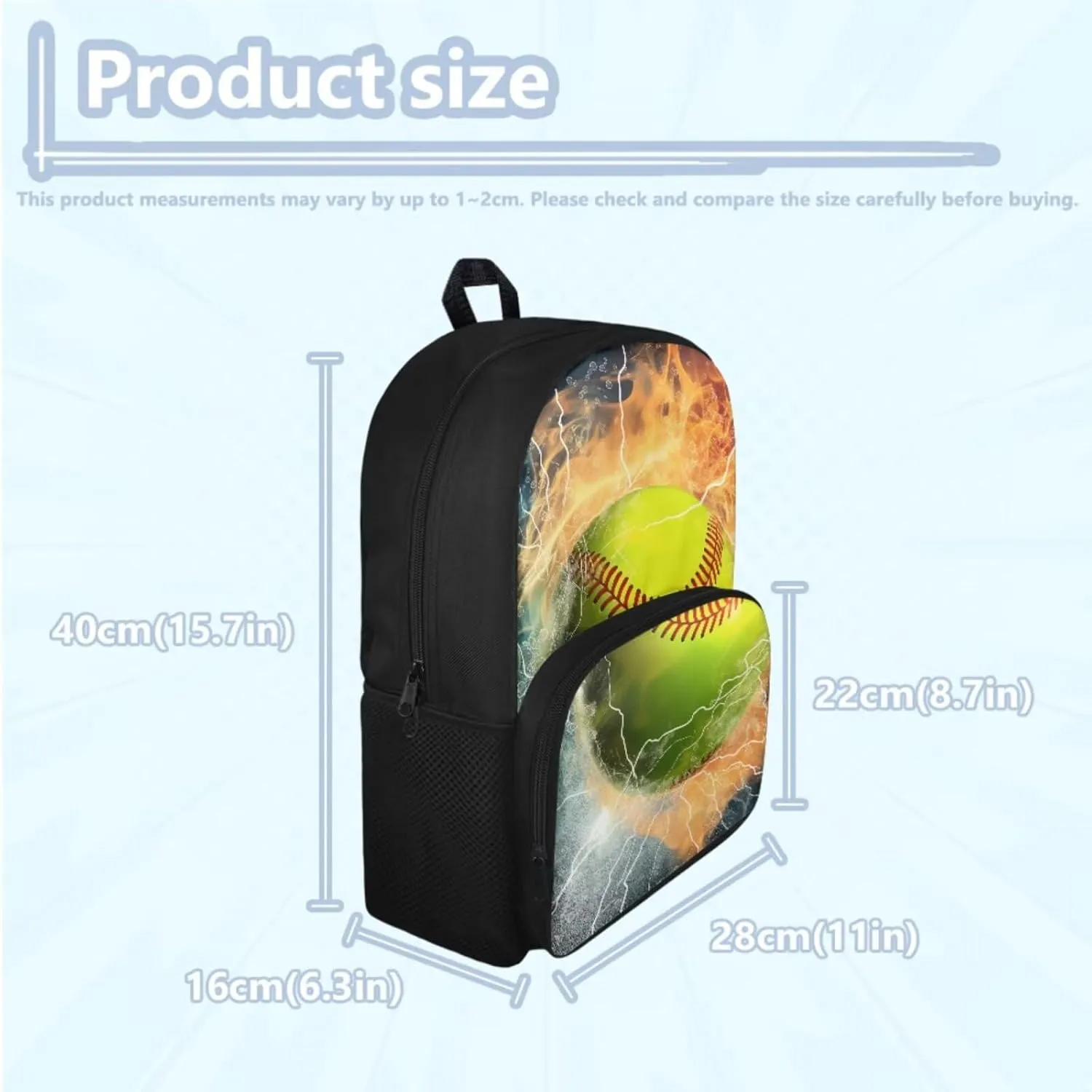 Baseball Backpack for Boys 8-12/12-14/6-8 with Lunch Box Fire Lightning Middle School Bag and Lunch Bag Pencil Case Kids Bookbag for Girls 15 Inch Elementary Schoolbag Lunchbox Book Bags Set