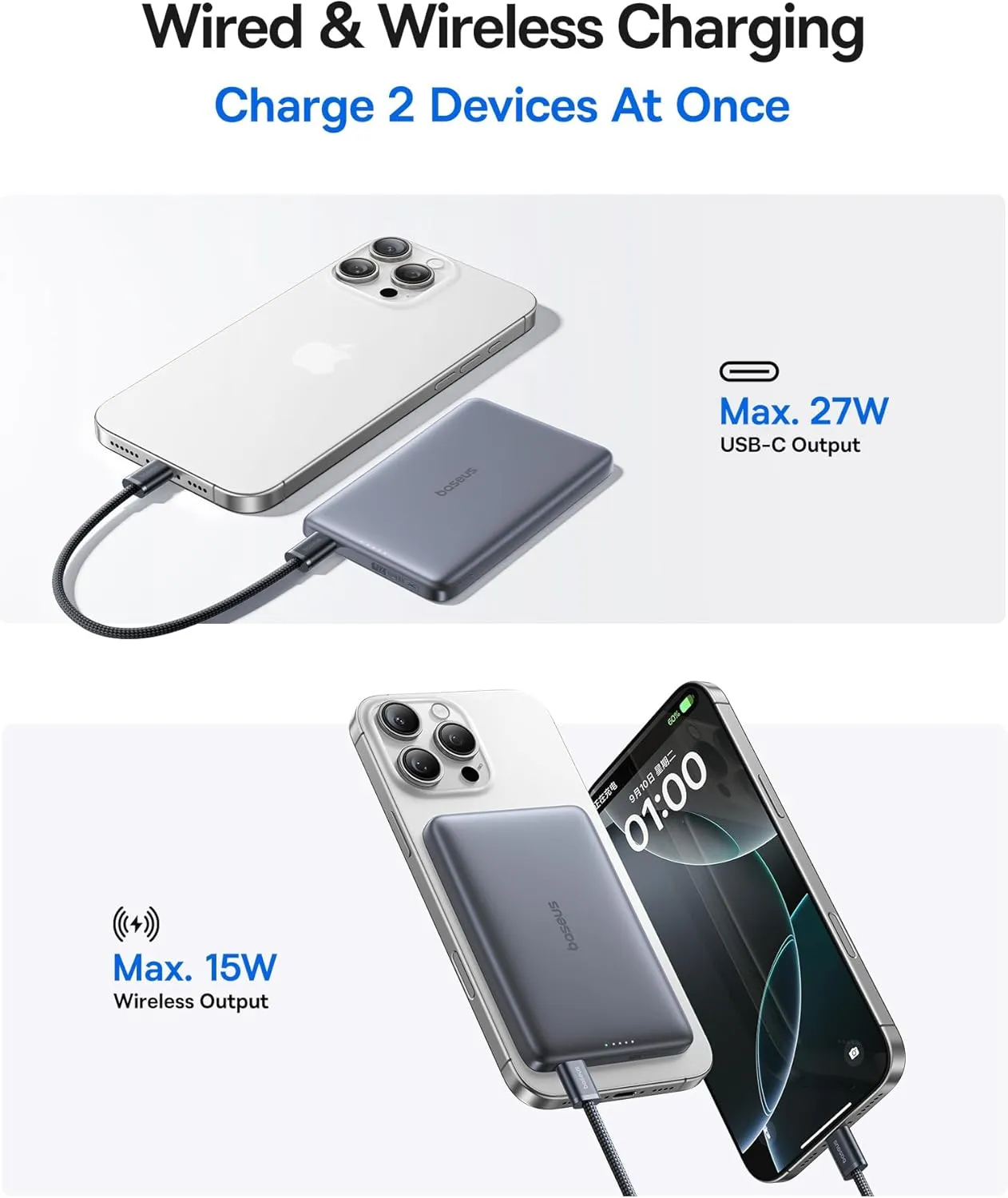 Baseus Picogo Magsafe Portable Charger, 0.5" Ultra Slim Qi2 Certified 15W Wireless Power Bank, 10000mAh 27W Fast Charging Magnetic Battery Pack with USB-C Cable for iPhone 16/15/14/13/12 Series Only