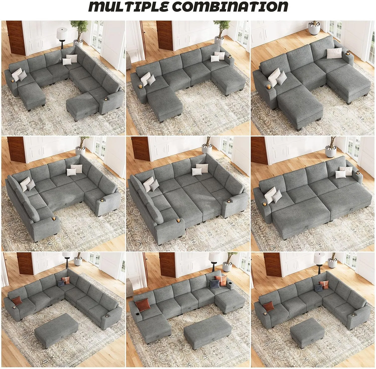 Belffin Chenille Modular Sectional Sofa Convertible L Shaped Corner Couches for Living Room with Storage Armrest with Cup Holder Light Grey Couch