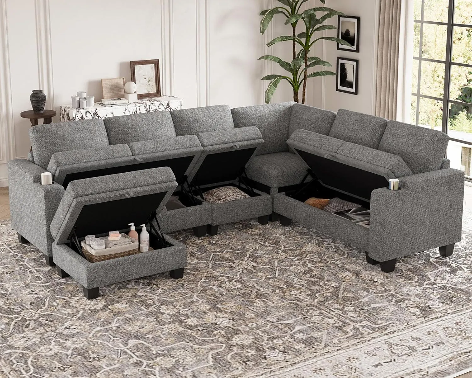 Belffin Chenille Modular Sectional Sofa Convertible L Shaped Corner Couches for Living Room with Storage Armrest with Cup Holder Light Grey Couch