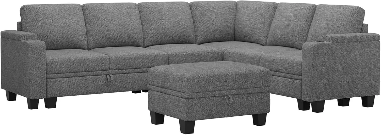 Belffin Chenille Modular Sectional Sofa Convertible L Shaped Corner Couches for Living Room with Storage Armrest with Cup Holder Light Grey Couch