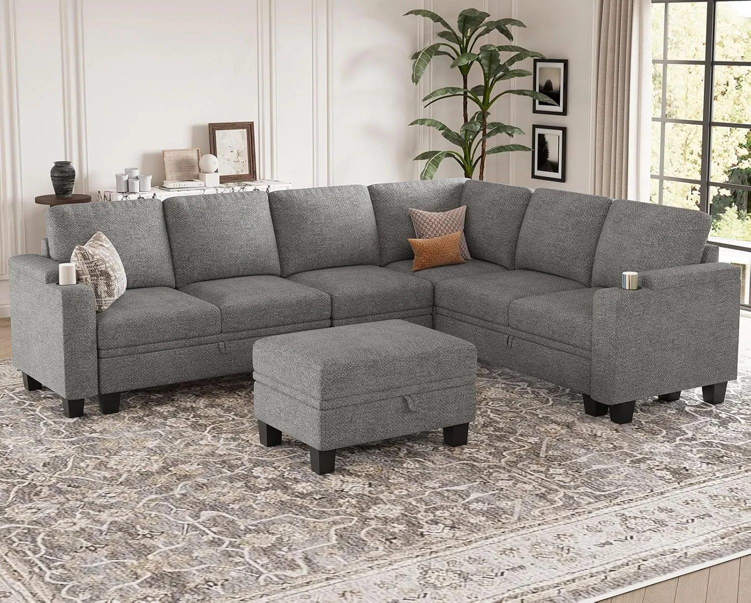 Belffin Chenille Modular Sectional Sofa Convertible L Shaped Corner Couches for Living Room with Storage Armrest with Cup Holder Light Grey Couch