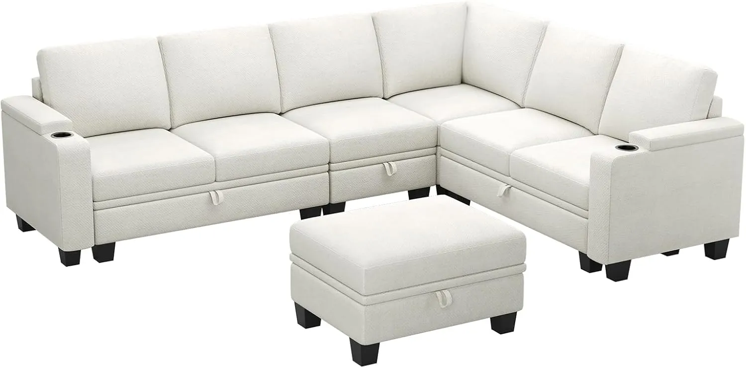 Belffin Chenille Modular Sectional Sofa Convertible L Shaped Corner Couches for Living Room with Storage Armrest with Cup Holder White Couch