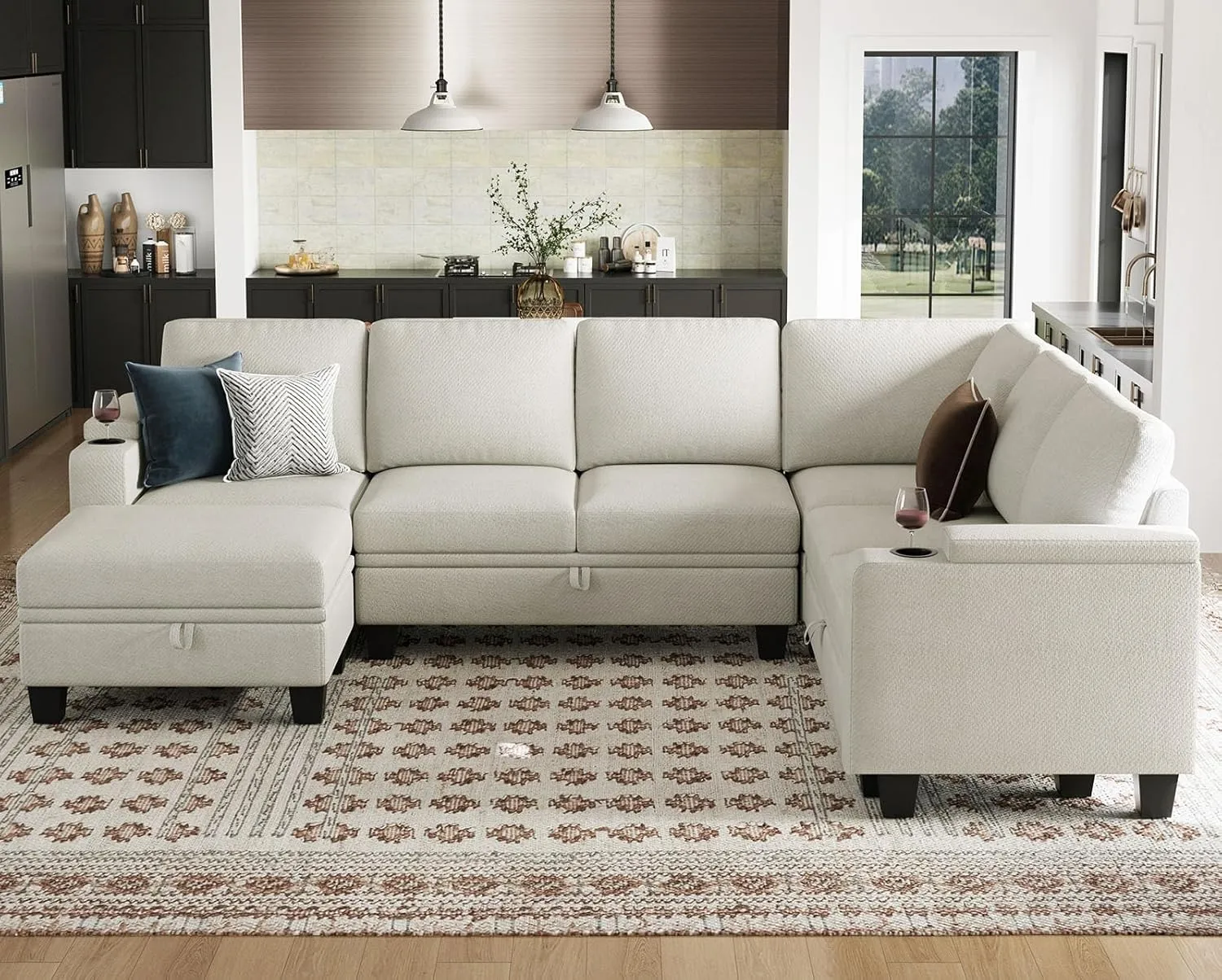 Belffin Chenille Modular Sectional Sofa Convertible L Shaped Corner Couches for Living Room with Storage Armrest with Cup Holder White Couch