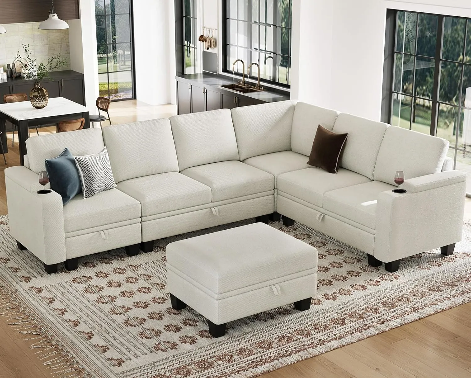 Belffin Chenille Modular Sectional Sofa Convertible L Shaped Corner Couches for Living Room with Storage Armrest with Cup Holder White Couch