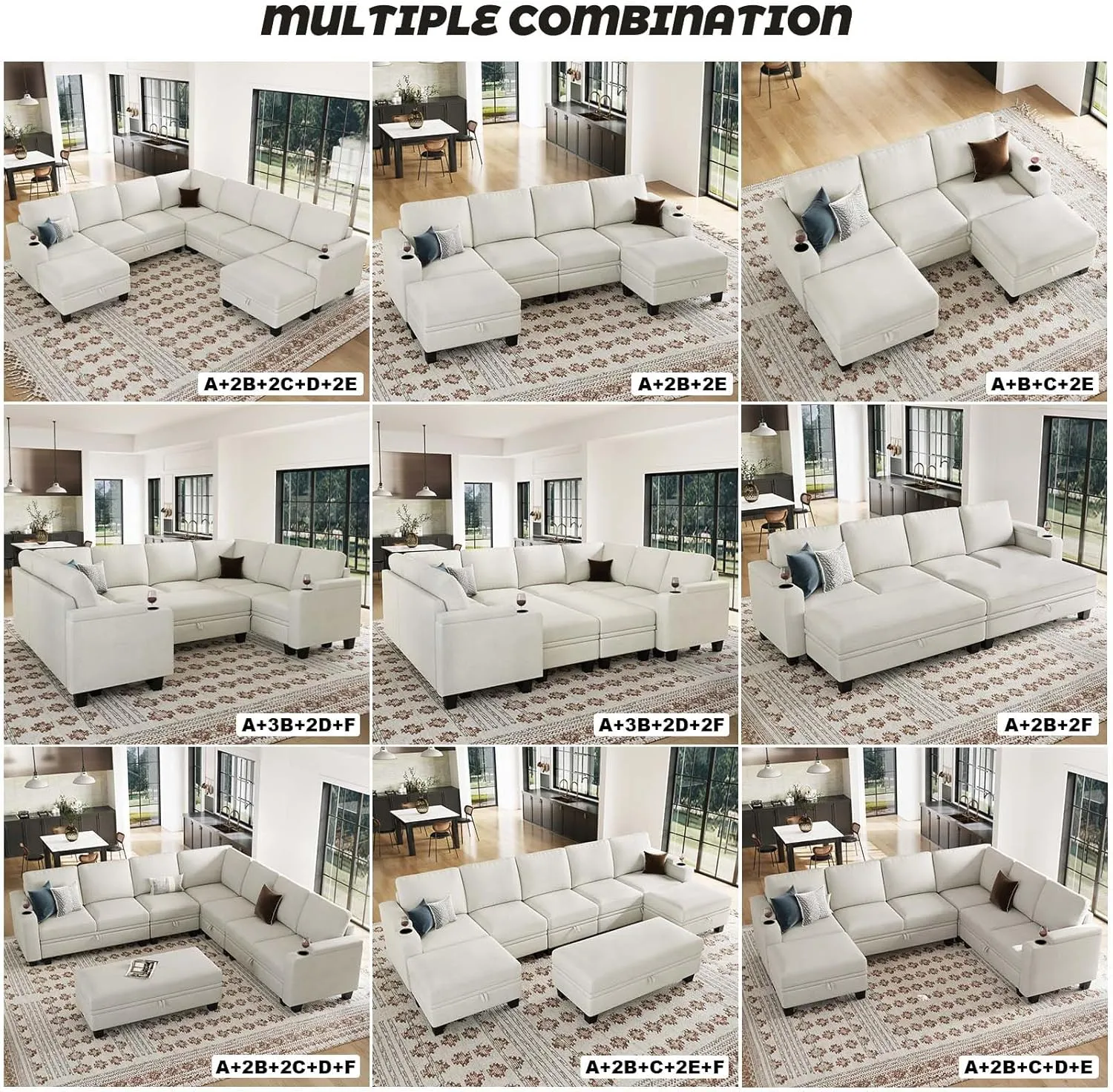 Belffin Chenille Modular Sectional Sofa Convertible L Shaped Corner Couches for Living Room with Storage Armrest with Cup Holder White Couch