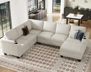 Belffin Chenille Modular Sectional Sofa Convertible L Shaped Corner Couches for Living Room with Storage Armrest with Cup Holder White Couch