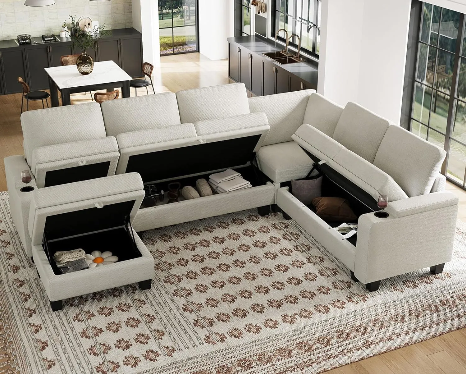 Belffin Chenille Modular Sectional Sofa Convertible L Shaped Corner Couches for Living Room with Storage Armrest with Cup Holder White Couch