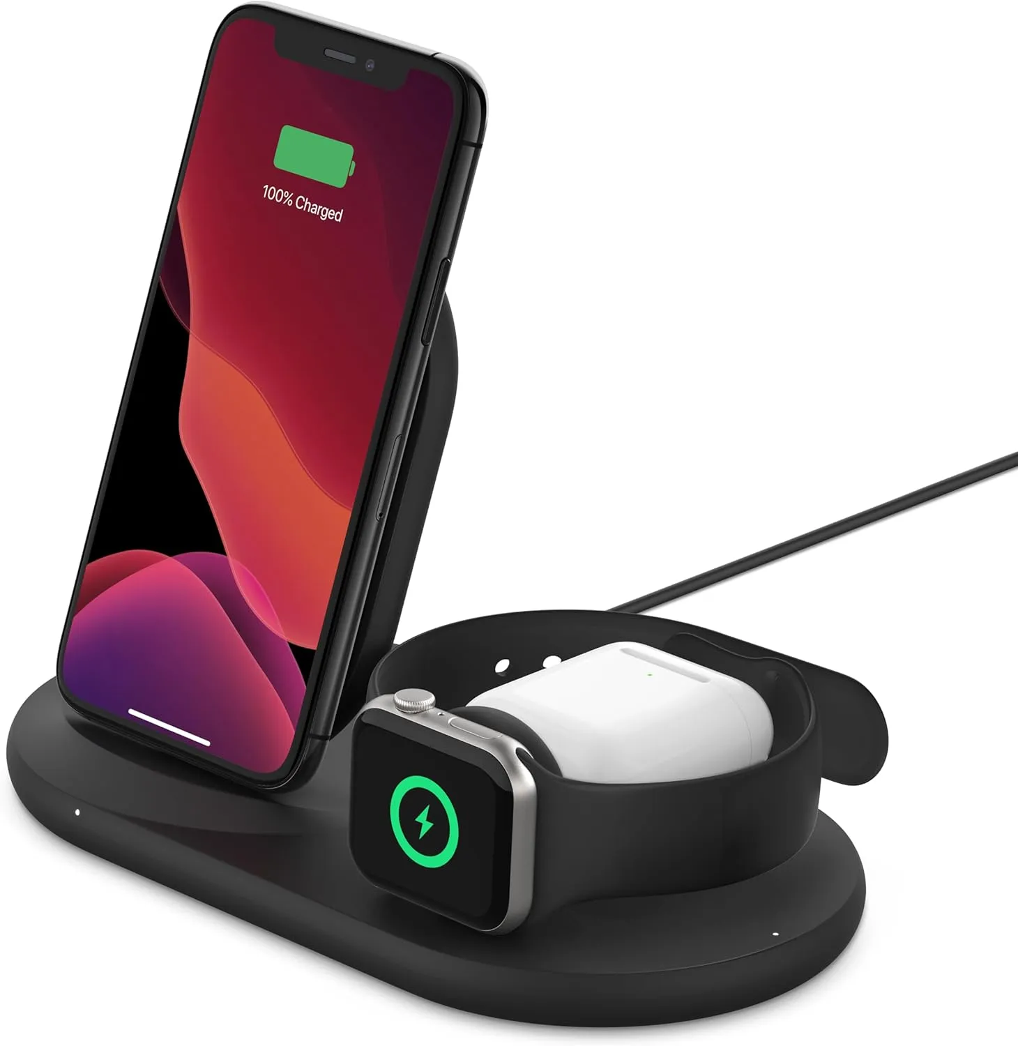 Belkin 3-in-1 Wireless Charger - Fast Charging Stand for Apple iPhone, Apple Watch & AirPods Case Compatible Qi Station For Multiple Devices - Black