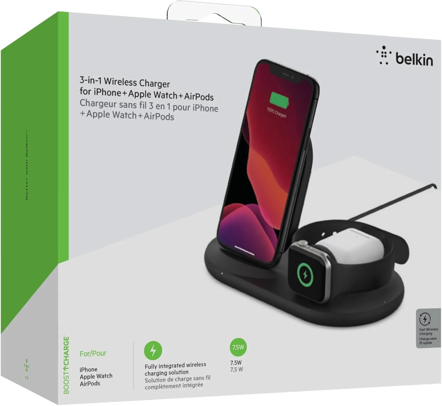 Belkin 3-in-1 Wireless Charger - Fast Charging Stand for Apple iPhone, Apple Watch & AirPods Case Compatible Qi Station For Multiple Devices - Black