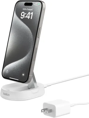 Belkin Convertible Magnetic Charging Stand 15W - MagSafe-Compatible Fast Qi2 Charger, iPhone Charger for Apple iPhone 16, 16 Plus, 16 Pro, 16 Pro Max, iPhone 15 & 14, Apple Airpods Pro, & More - White