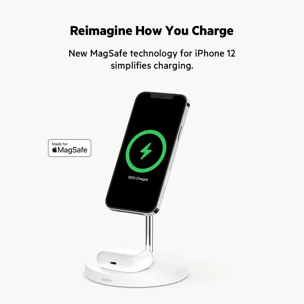 Belkin MagSafe 2-in-1 Wireless Charging Stand for Apple iPhone 16, iPhone 15, iPhone 14, & iPhone 13 Series & AirPods - MagSafe Fast Charging Station for Multiple Devices - White