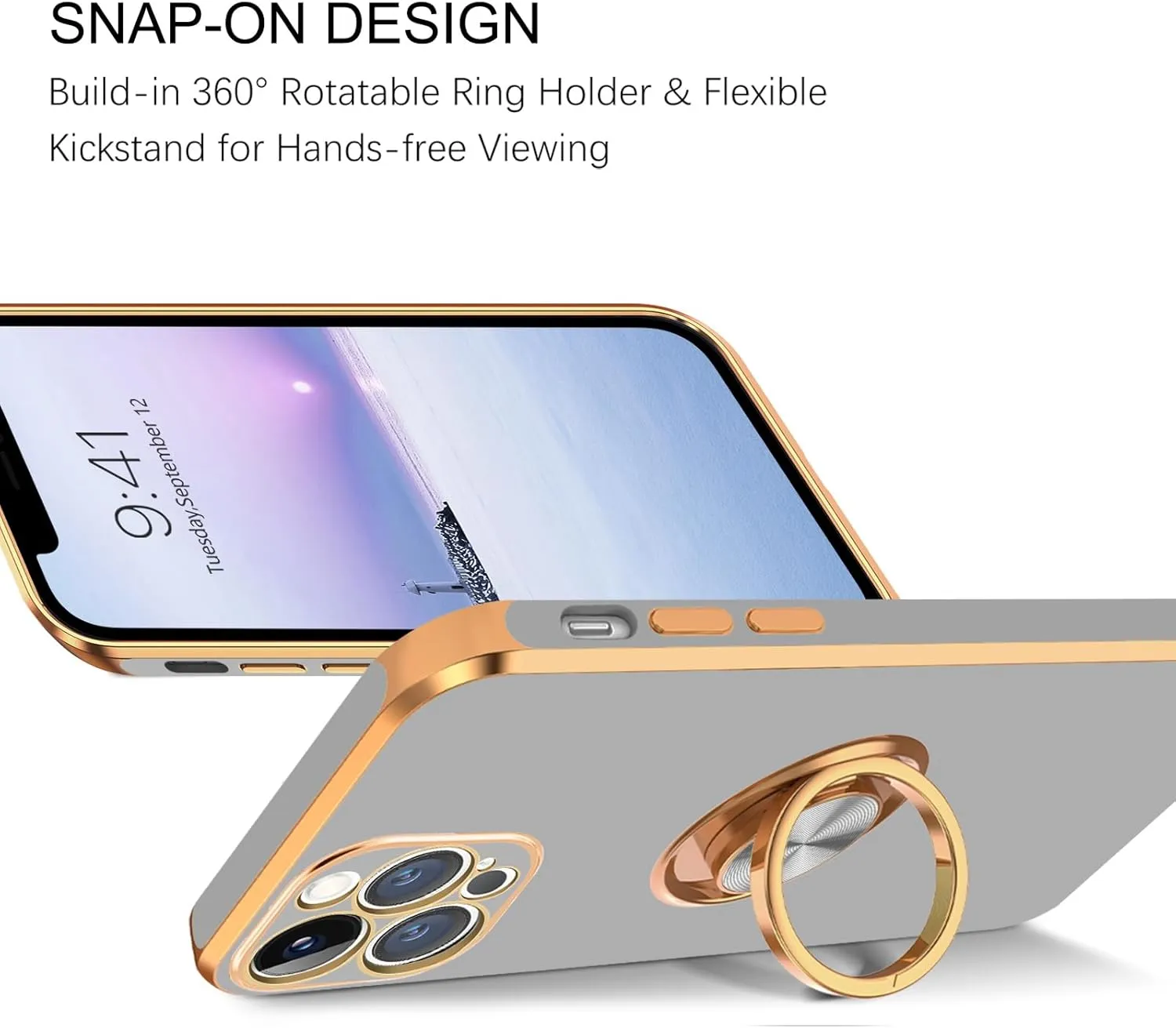 BENTOBEN for iPhone 13 Pro Case, iPhone 13 Pro Phone Case with 360° Ring Holder Kickstand Magnetic Car Mount Supported Protective Women Men Girls Boys Cases Cover for iPhone 13 Pro, Light Grey/Gold