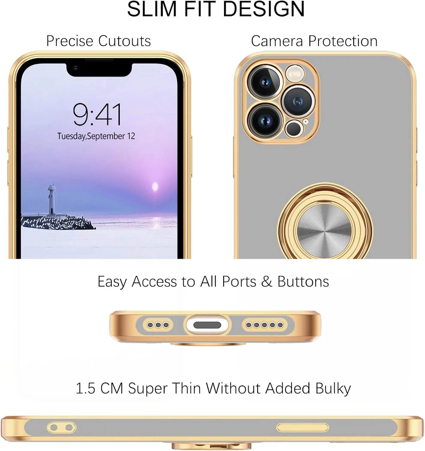 BENTOBEN for iPhone 13 Pro Case, iPhone 13 Pro Phone Case with 360° Ring Holder Kickstand Magnetic Car Mount Supported Protective Women Men Girls Boys Cases Cover for iPhone 13 Pro, Light Grey/Gold
