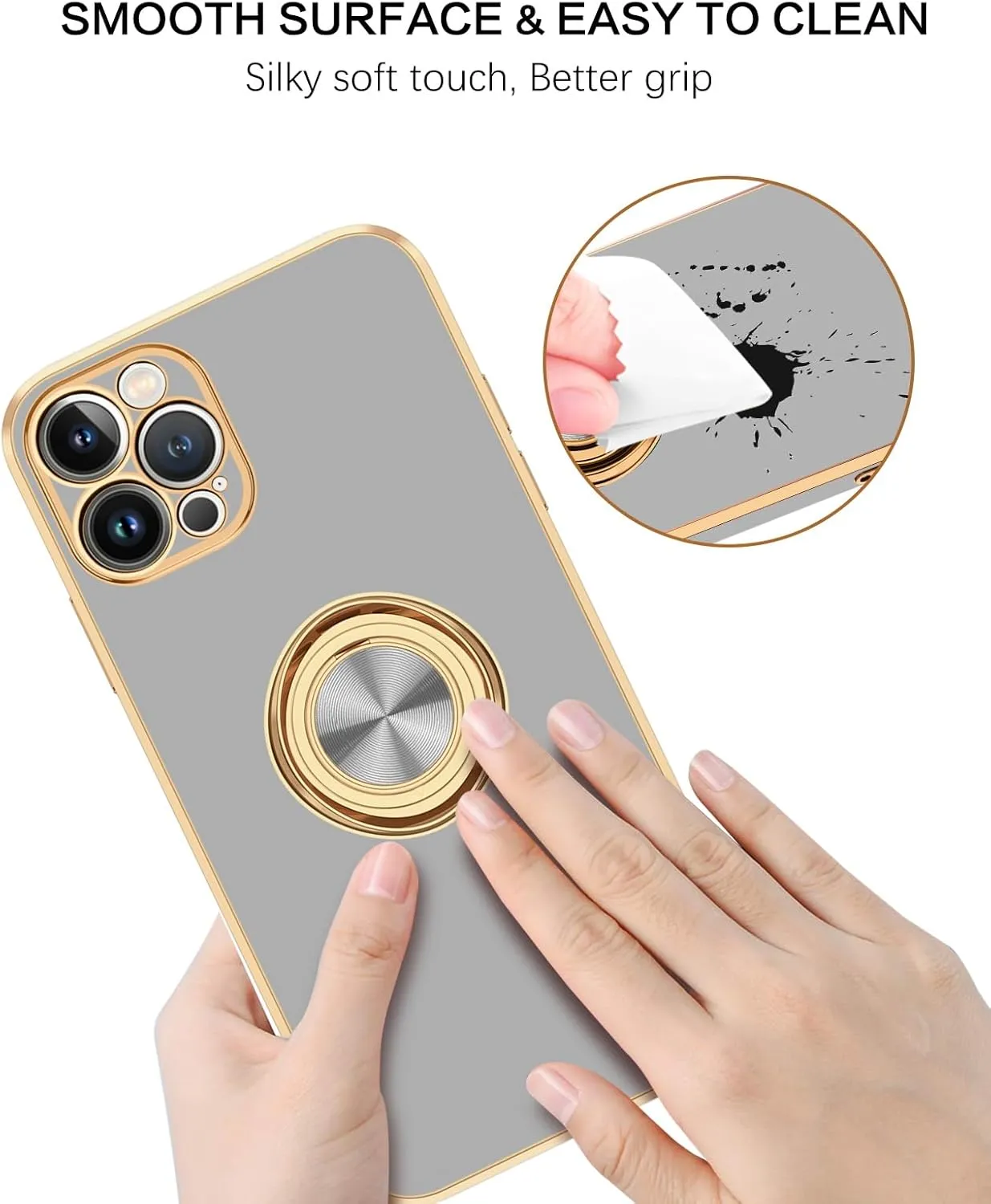 BENTOBEN for iPhone 13 Pro Case, iPhone 13 Pro Phone Case with 360° Ring Holder Kickstand Magnetic Car Mount Supported Protective Women Men Girls Boys Cases Cover for iPhone 13 Pro, Light Grey/Gold