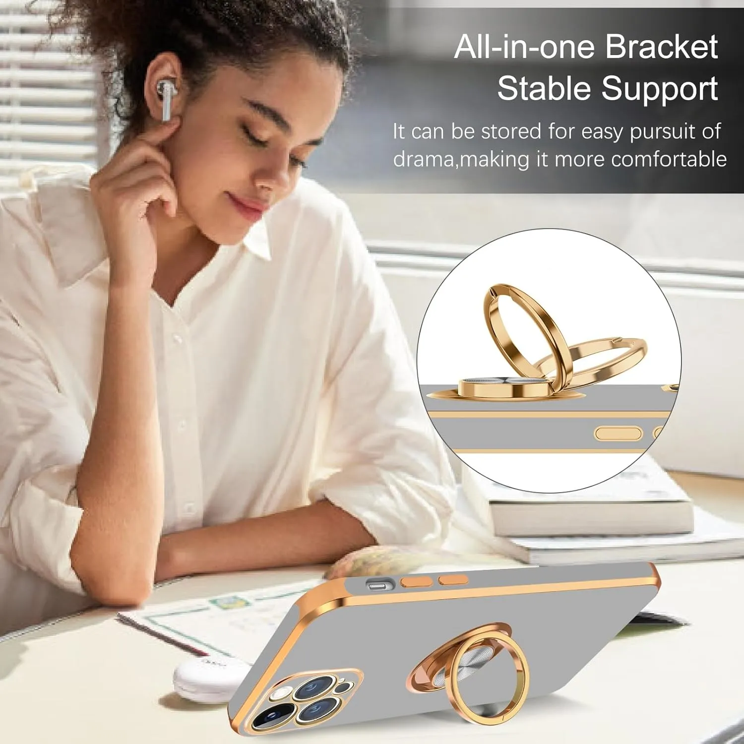 BENTOBEN for iPhone 13 Pro Case, iPhone 13 Pro Phone Case with 360° Ring Holder Kickstand Magnetic Car Mount Supported Protective Women Men Girls Boys Cases Cover for iPhone 13 Pro, Light Grey/Gold