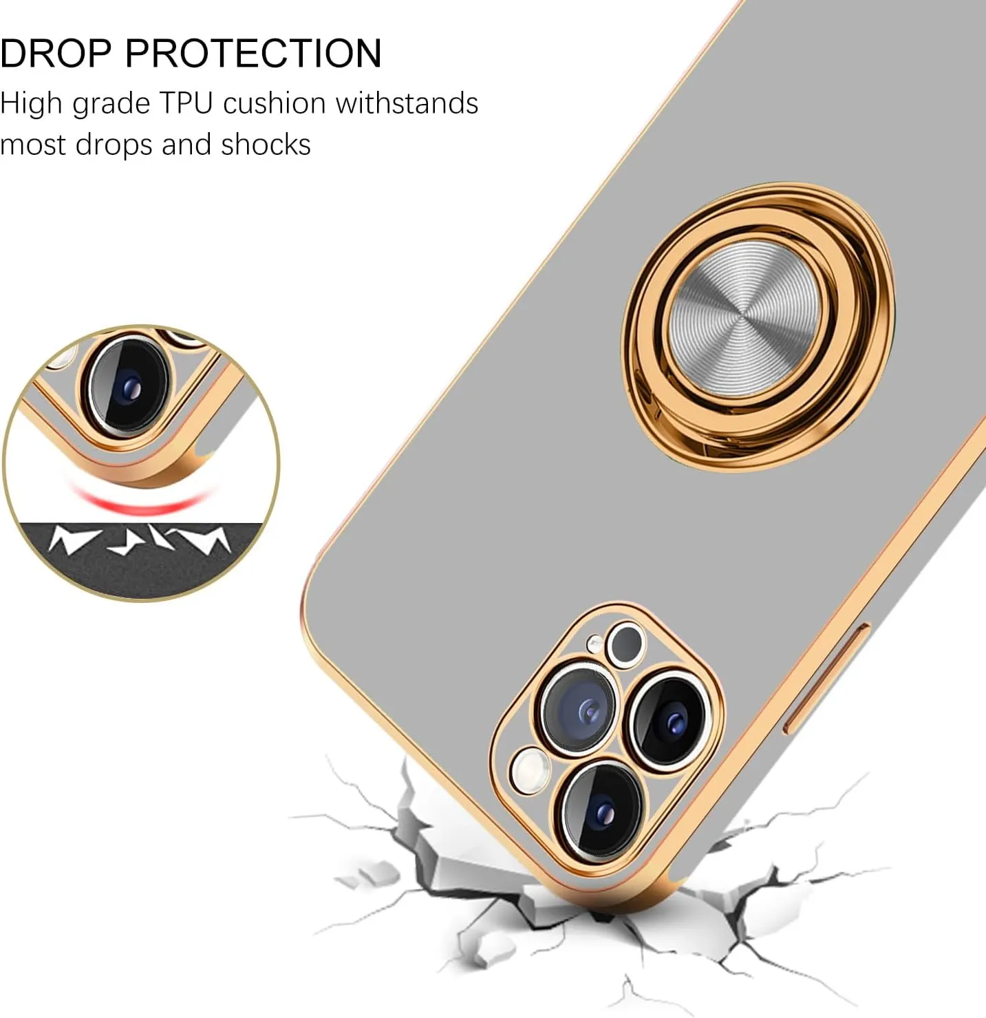 BENTOBEN for iPhone 13 Pro Case, iPhone 13 Pro Phone Case with 360° Ring Holder Kickstand Magnetic Car Mount Supported Protective Women Men Girls Boys Cases Cover for iPhone 13 Pro, Light Grey/Gold