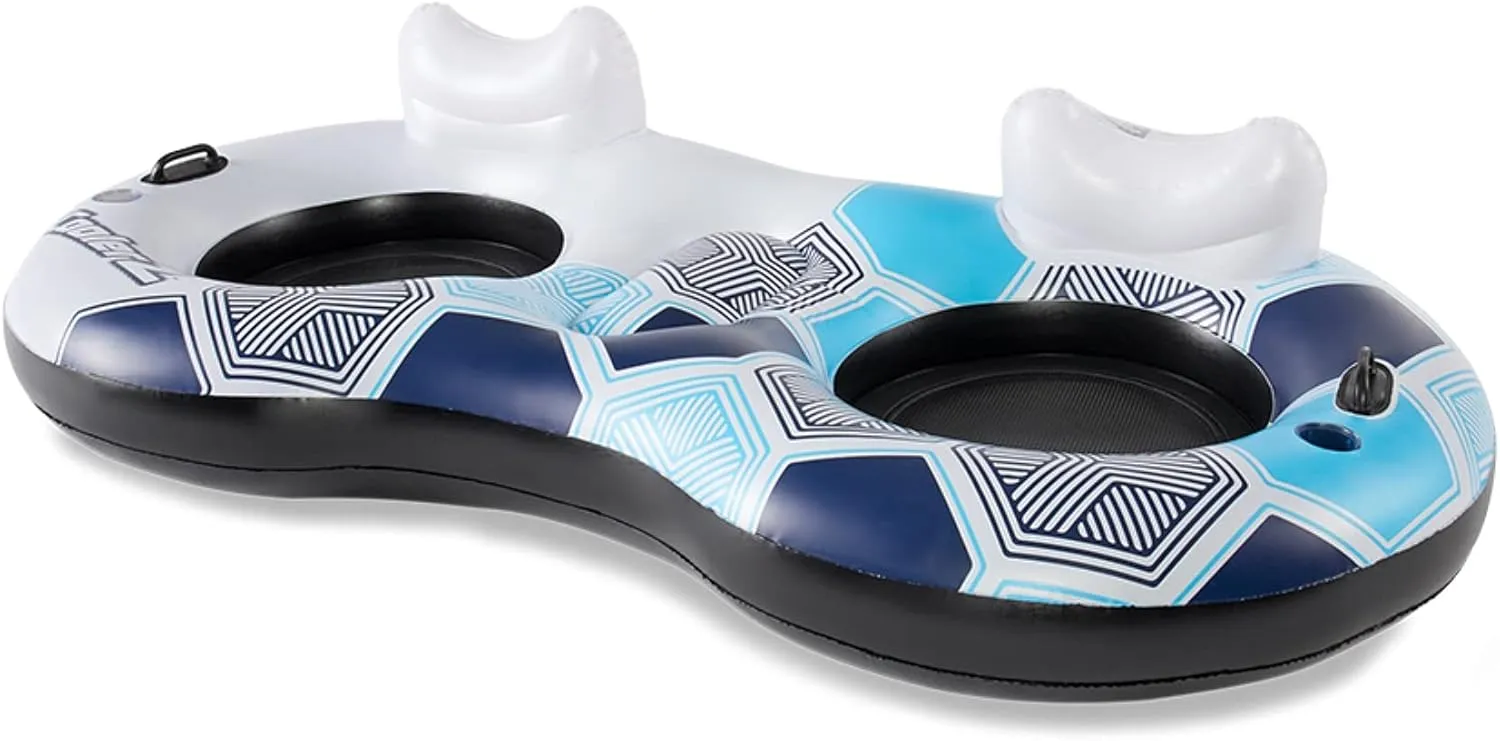 Bestway CoolerZ Rapid Rider Inflatable 2 Person Blow Up Pool River Tube Lake Lounger Float with Cup Holders, Handles, Backrest and Mesh Bottom, Blue