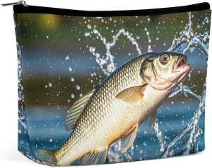 Big Mouth Bass Bites Bait Makeup Bag for Women Portable Cosmetic Bag Waterproof Toiletry Bag Storage Bag Large Makeup Pouch Aesthetic Handheld Makeup Bag for Travel Work