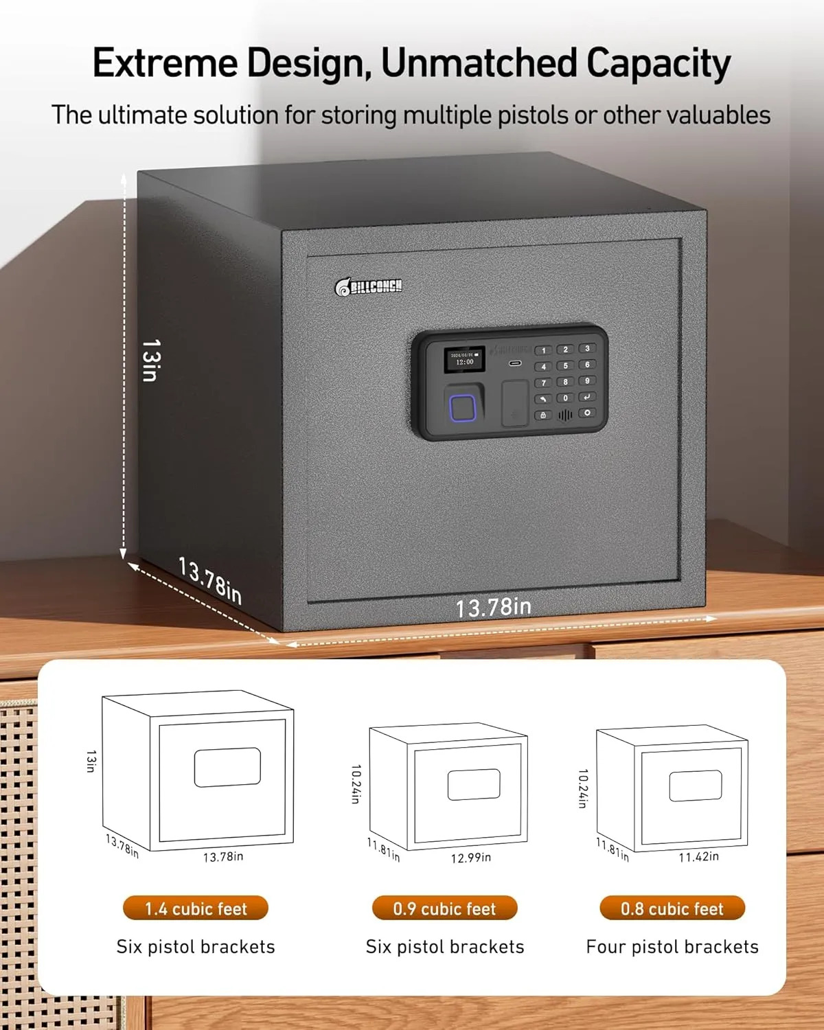 BILLCONCH Gun Safe with 6 Pistol Safe Holders - Biometric Pistol Safe with Display and Voice Prompt, Automatic Locking Tabs | Detachable Shelf and Foldable Gun Racks for Handgun Safe (1.4 Cubic Feet)